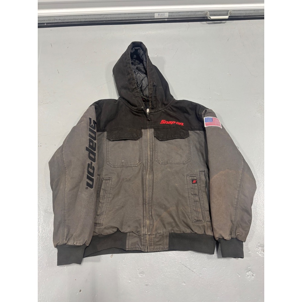 Snap-on Mens Canvas Work Jacket Hooded Quilted Lined Gray Black XL USA Patch